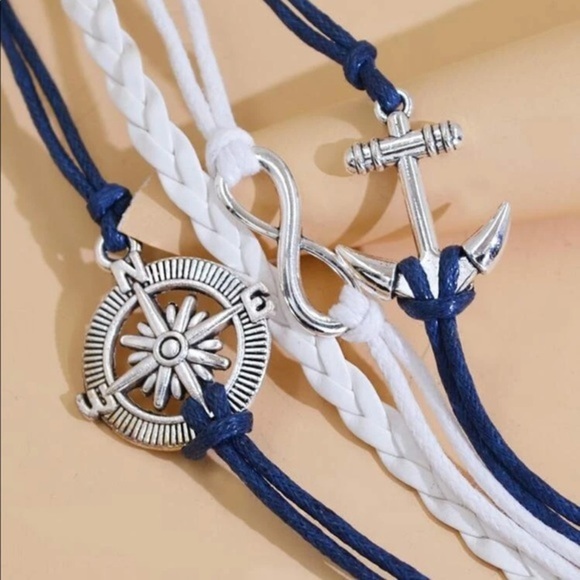 3/$30 Nautical 4-in-1 Stacked Charm Bracelet Compass Anchor Infinity - Picture 2 of 8